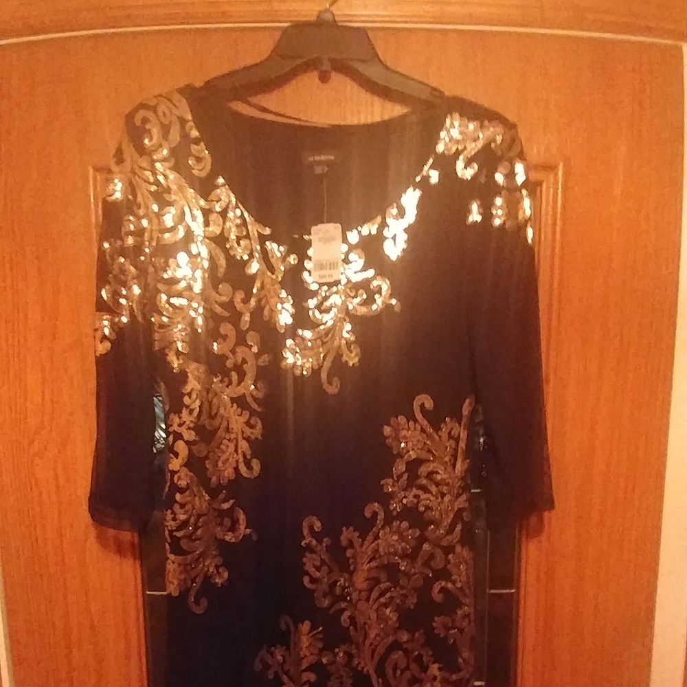 XL Le Chateau Black Mesh and Gold Sequin Dress